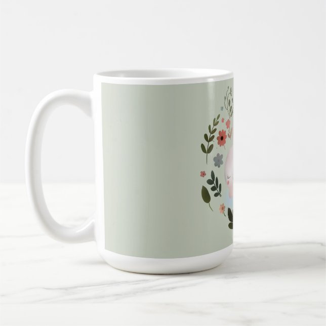 Cute Pastel Spring Bunny Floral Wreath Nursery Art Coffee Mug (Left)