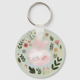 Cute Pastel Spring Bunny Floral Wreath Nursery Art Key Ring