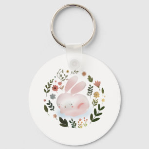 Cute Pastel Spring Bunny Floral Wreath Nursery Art Key Ring