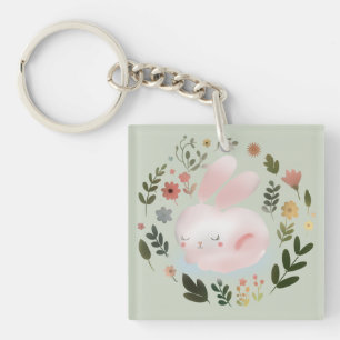 Cute Pastel Spring Bunny Floral Wreath Nursery Art Key Ring