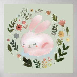Cute Pastel Spring Bunny Floral Wreath Nursery Art Poster