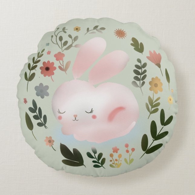 Cute Pastel Spring Bunny Floral Wreath Nursery Art Round Cushion (Front)