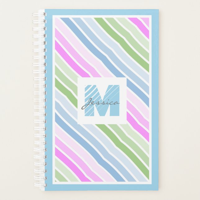 Cute Pastel Striped Modern Monogram Planner (Front)