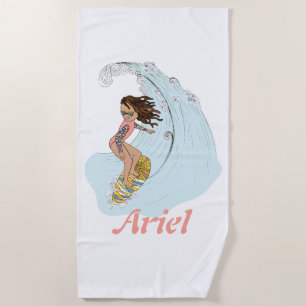 Cute Pastel Surfer Girl with Name Summer Sun Beach Towel