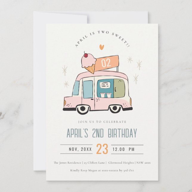 Cute Pastel Sweet Two Ice Cream Truck 2nd Birthday Invitation (Front)