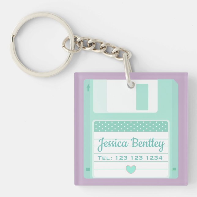 Cute Pastel Teal Retro Floppy Disc Custom Key Ring (Front)