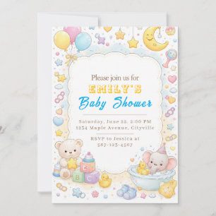 Cute Pastel Teddy Bear & Elephant Baby Shower Invitation