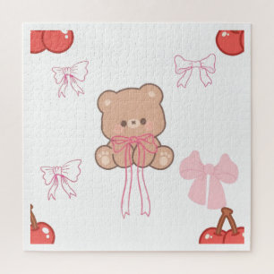 Cute Pastel Teddy Bear Pink Bow Dreamy Aesthetic Jigsaw Puzzle