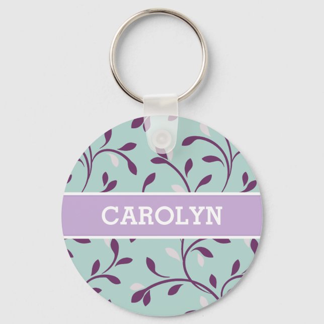 Cute pastel turquoise floral pattern monogram key ring (Front)