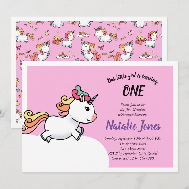 Cute pastel unicorn 1st birthday invitation (Front/Back)
