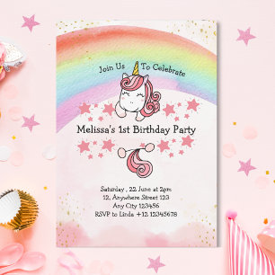 Cute Pastel Unicorn & Rainbow First Birthday Party Invitation
