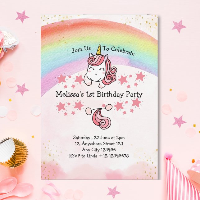 Cute Pastel Unicorn & Rainbow First Birthday Party Invitation (Creator Uploaded)