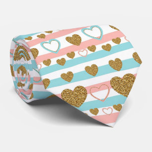 Cute Pastel Valentine Heart Stripe Gold Accents Tie