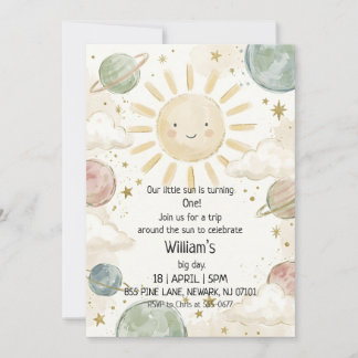 Cute Pastel Watercolor Celestial Sun Birthday Invitation