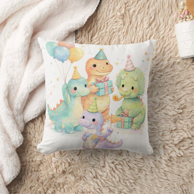 Cute Pastel Watercolor Dinosaurs Birthday Cushion (Blanket)