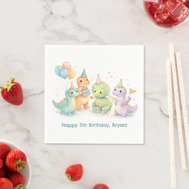 Cute Pastel Watercolor Dinosaurs Birthday Napkin (Insitu)
