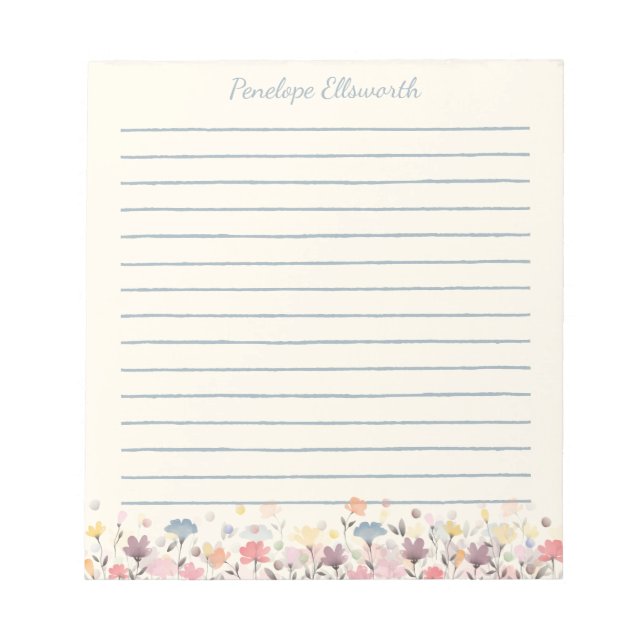 Cute Pastel Watercolor Flowers Personalised Lined Notepad (Front)