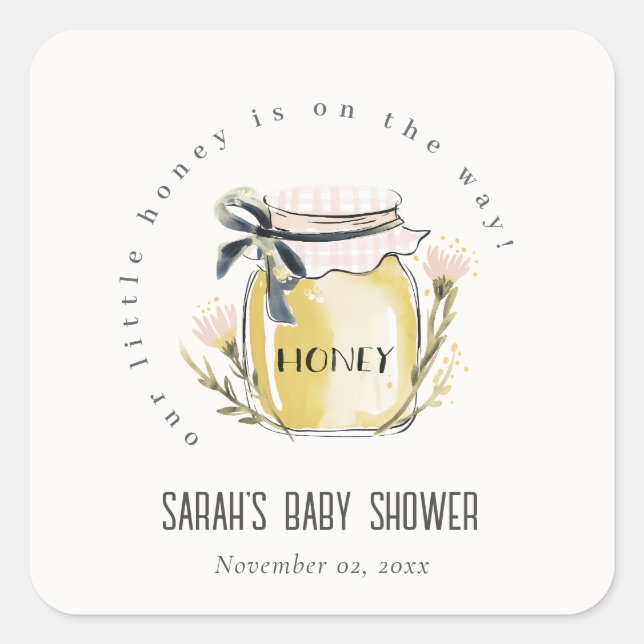 Cute Pastel Watercolor Honey Jar Baby Shower Square Sticker (Front)
