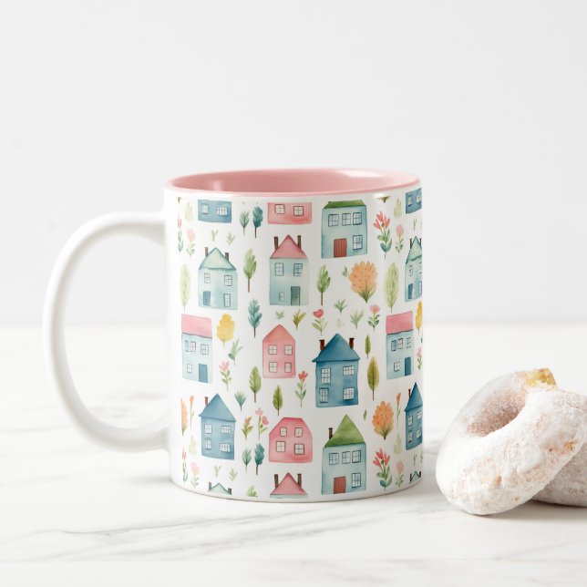 Cute Pastel Watercolor Houses  Two-Tone Coffee Mug (With Donut)