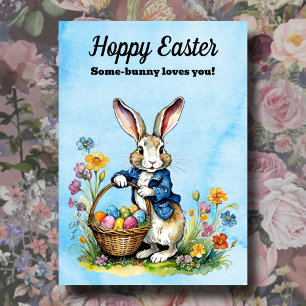 Cute Pastel Watercolor Vintage Easter Bunny Holiday Card