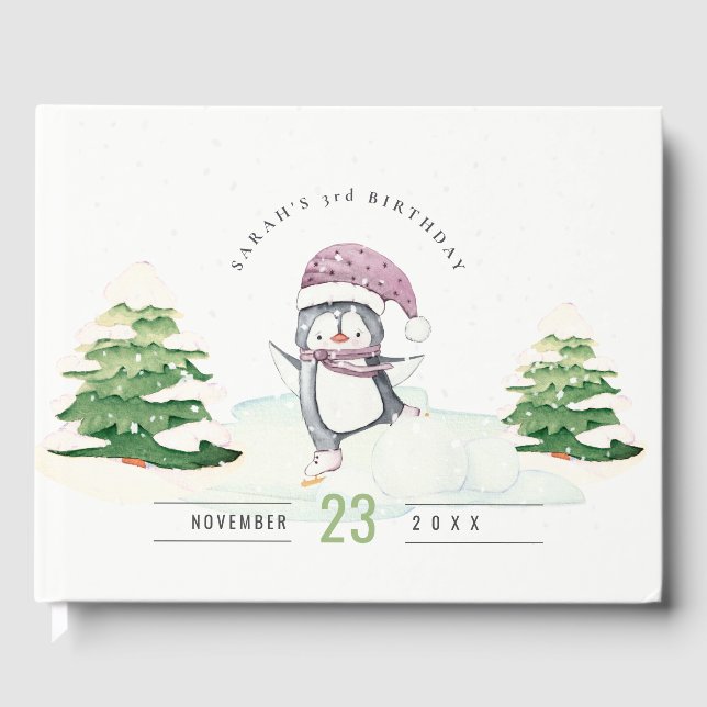 Cute Pastel Winter Penguin Kids Any Age Birthday Guest Book (Front)