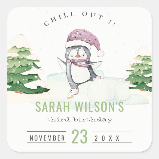 Cute Pastel Winter Penguin Kids Any Age Birthday Square Sticker (Front)