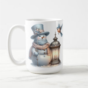 CUTE PASTEL WINTER SNOWMAN & LANTERN & BIRD COFFEE MUG