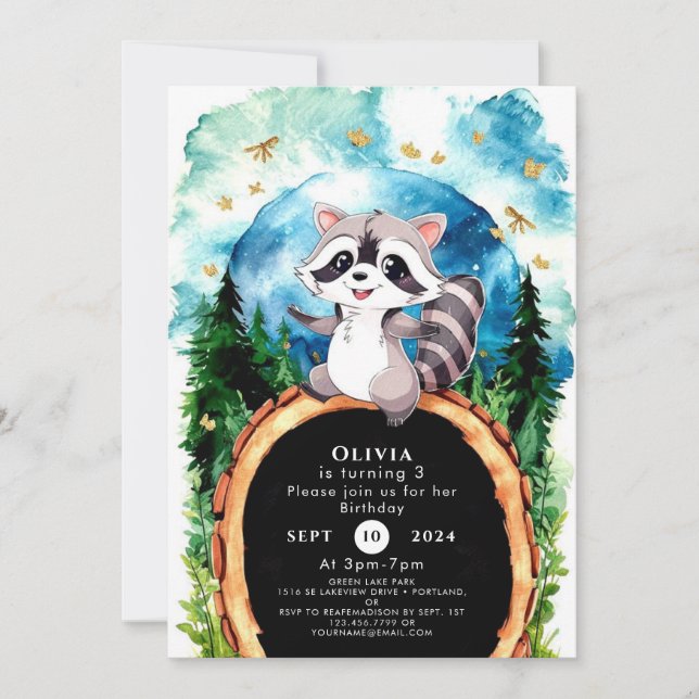 Cute Pastel Woodland Racoon Birthday Invitation (Front)