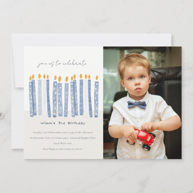 Cute Pastel Yellow Blue Photo Birthday Candles Invitation (Front)