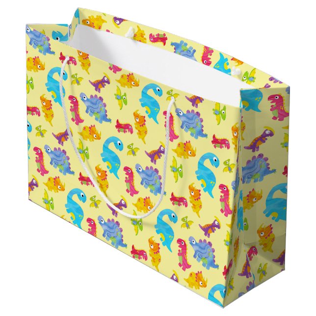 Cute Pastel Yellow Unisex Baby Dinosaur Birthday Large Gift Bag (Back Angled)
