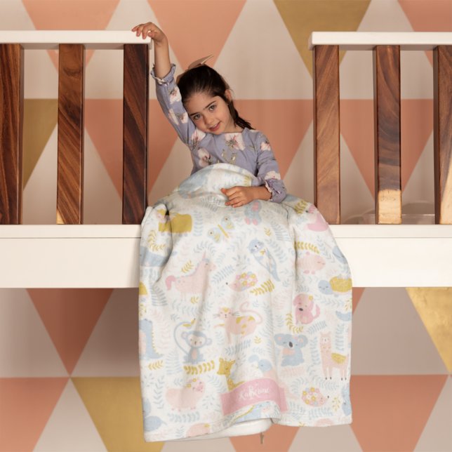 Cute Pastel Zoo Animal Monogrammed Girl Pink Fleece Blanket (Creator Uploaded)