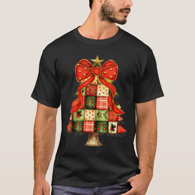 Cute Patchwork Christmas Tree Merry Xmas Men Women T-Shirt (Front)