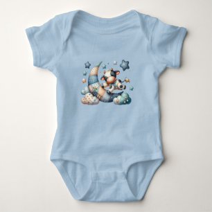 Cute Patchwork Cow Over Moon with Stars Baby Bodysuit