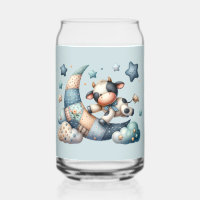 Cute Patchwork Cow Over Moon with Stars