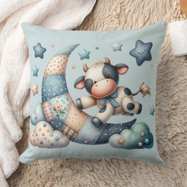 Cute Patchwork Cow Over Moon with Stars Cushion (Blanket)