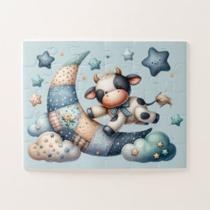 Cute Patchwork Cow Over Moon with Stars Jigsaw Puzzle