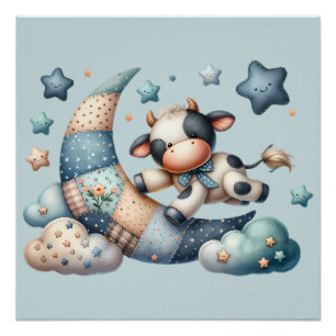 Cute Patchwork Cow Over Moon with Stars Poster