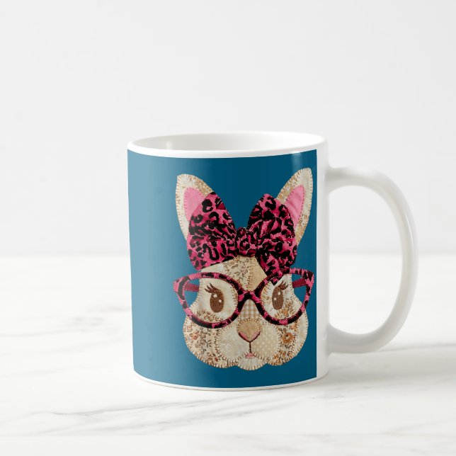 Cute patchwork easter bunny with glasses pink bow  coffee mug (Right)