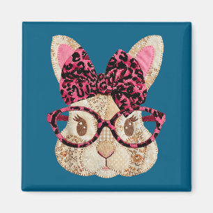 Cute patchwork easter bunny with glasses pink bow magnet