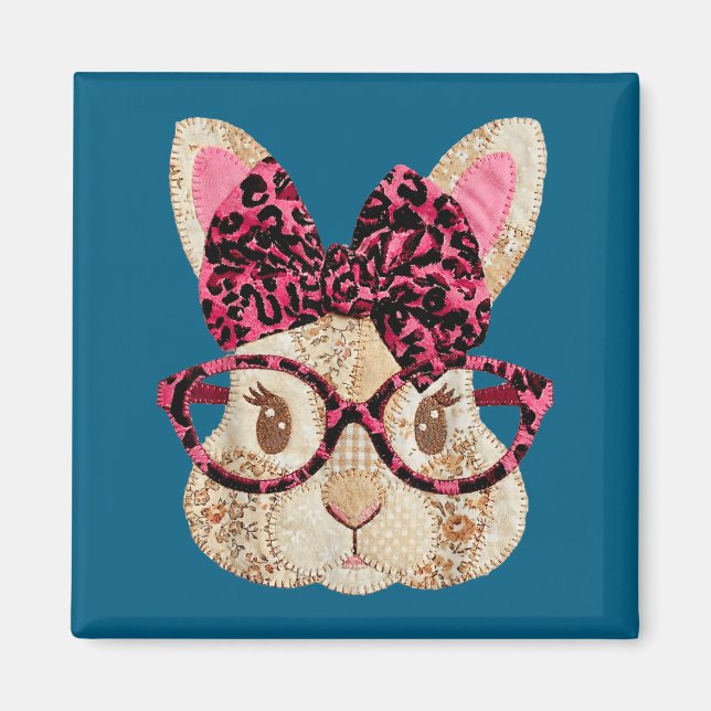 Cute patchwork easter bunny with glasses pink bow  magnet (Front)