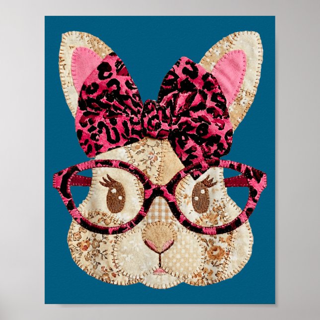 Cute patchwork easter bunny with glasses pink bow  poster (Front)