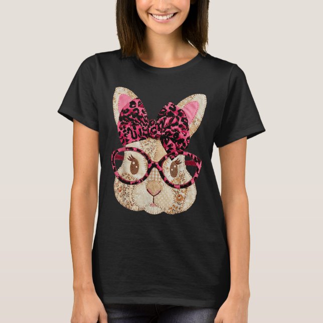 Cute patchwork easter bunny with glasses pink bow  T-Shirt (Front)