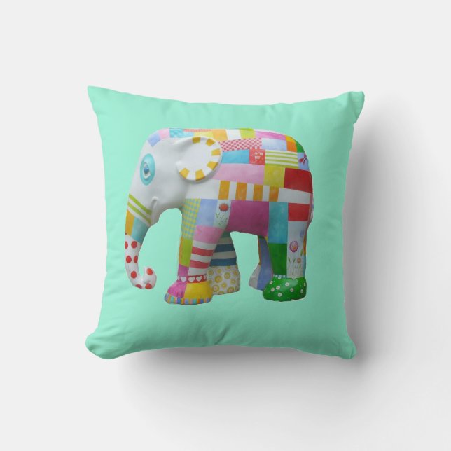 Cute patchwork elephant retro whimsical cushion (Front)