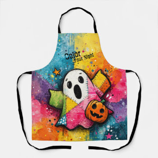 Cute Patchwork Ghost Colorful Splatter Art Apron