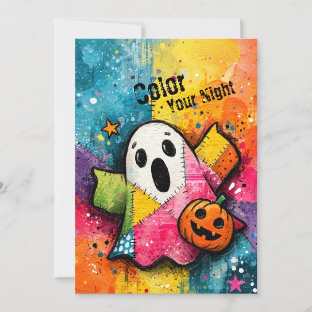 Cute Patchwork Ghost Colorful Splatter Art Invitation (Front)