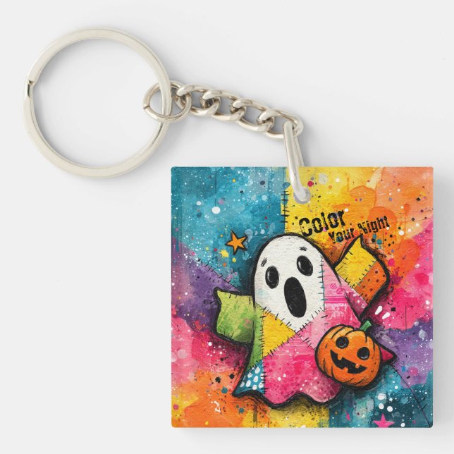 Cute Patchwork Ghost Colorful Splatter Art Key Ring (Front)