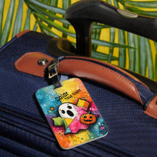 Cute Patchwork Ghost Colorful Splatter Art Luggage Tag