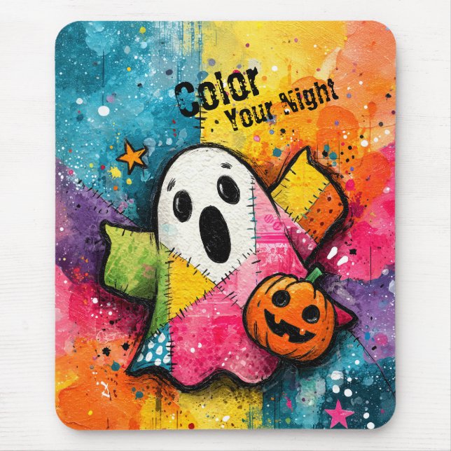 Cute Patchwork Ghost Colorful Splatter Art Mouse Pad (Front)