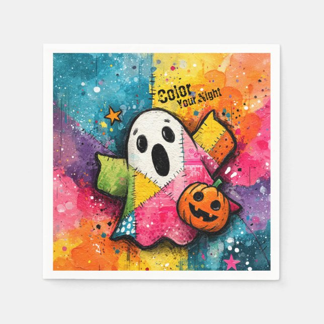 Cute Patchwork Ghost Colorful Splatter Art Napkin (Front)