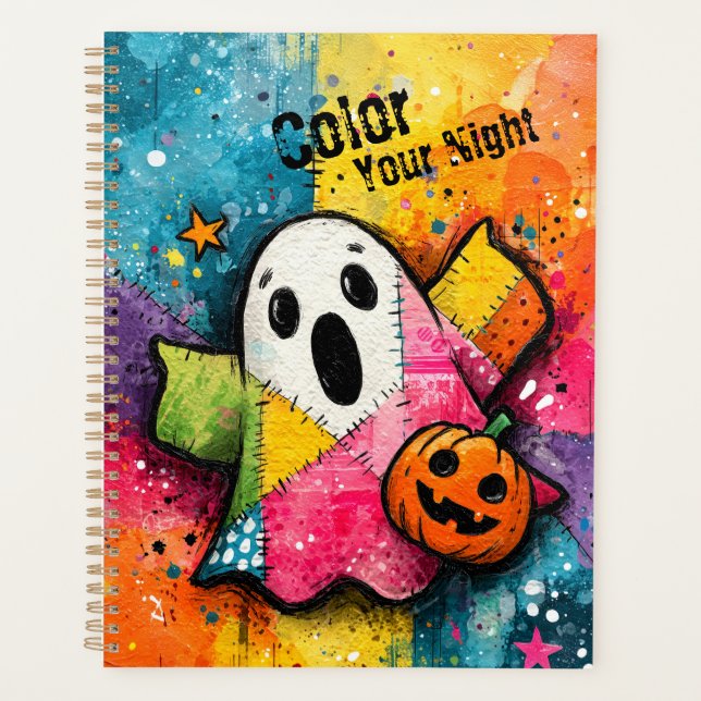 Cute Patchwork Ghost Colorful Splatter Art Planner (Front)